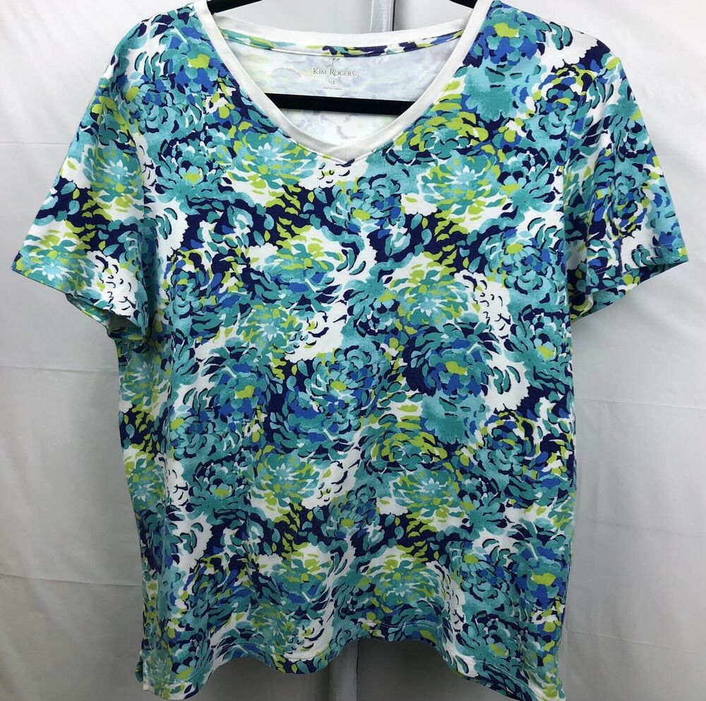 Kim Rogers Top Women S Blue Floral 100% Cotton Tee Stretch V Neck Short Sleeve